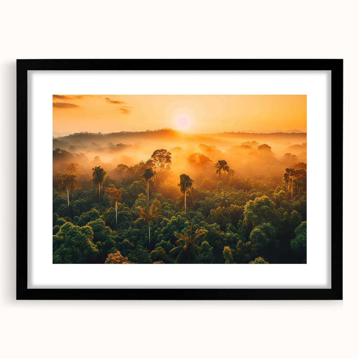 Framed rainforest landscape wall art collection featuring vibrant greens and natural textures, presented in a sleek black frame with a white mat, ideal for enhancing home decor.