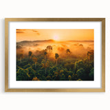 Framed rainforest landscape wall art collection with a gold mat, showcasing vibrant foliage and serene nature, perfect for enhancing home decor.