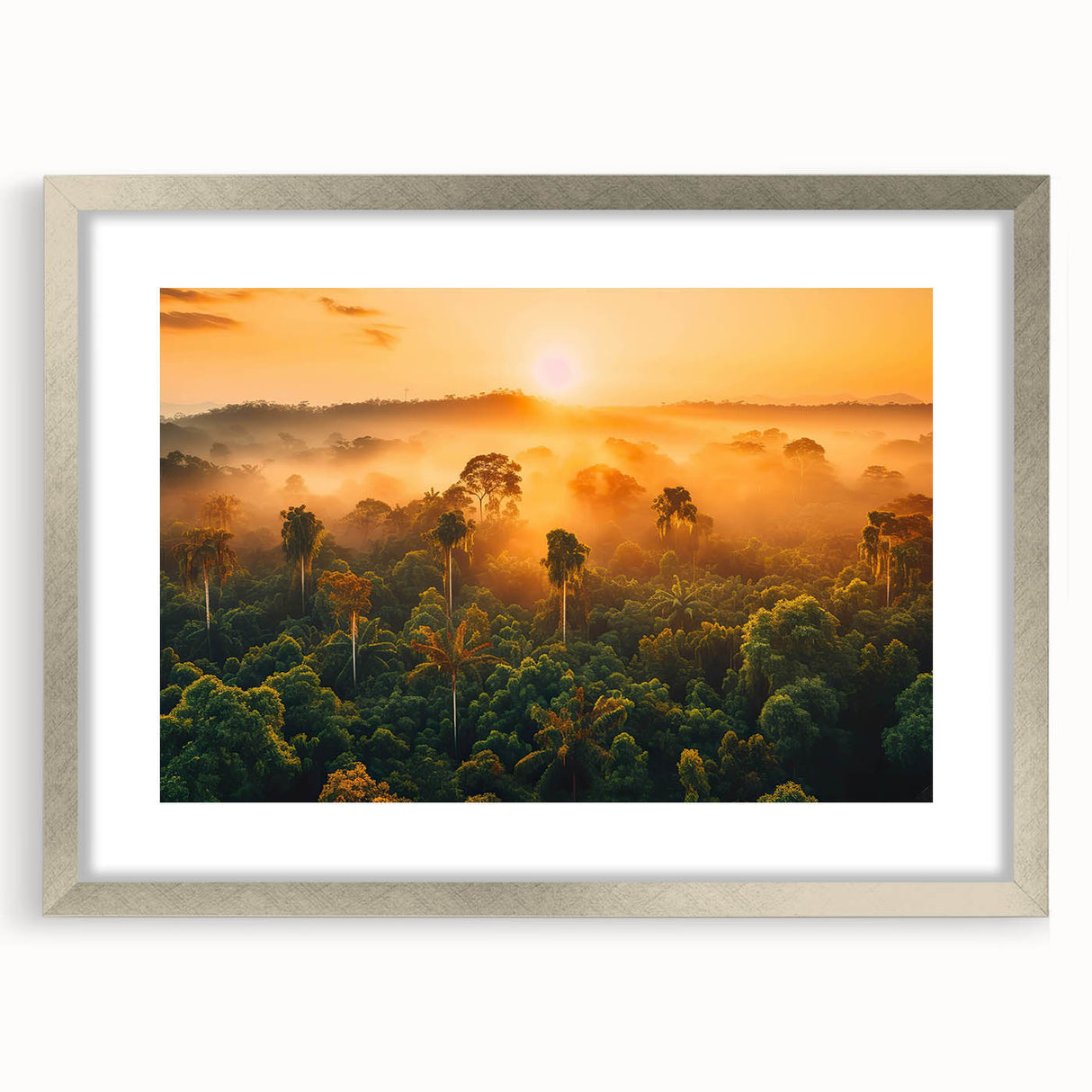 Framed rainforest landscape wall art collection in silver frame with mat, showcasing vibrant green foliage and serene natural scenery, perfect for home decor.