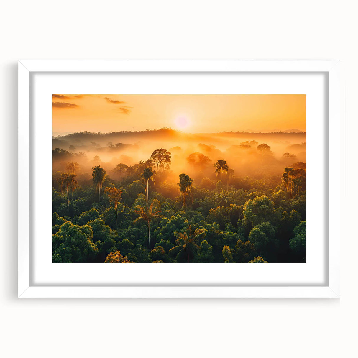 Framed wall art featuring a lush rainforest landscape design, highlighted by vibrant greens and earthy tones, set in a white mat and frame for a modern touch. Perfect for nature lovers seeking to enhance their home decor with an inviting, natural aesthetic.