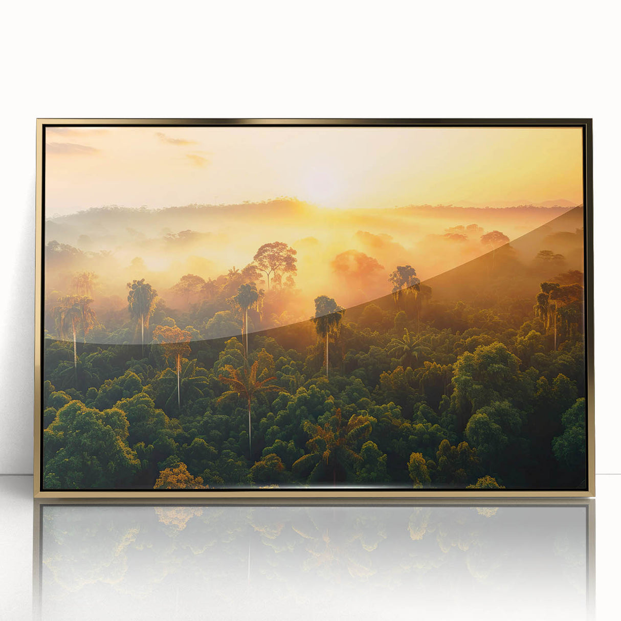 Framed acrylic wall art showcasing a vibrant rainforest landscape design with gold accents, perfect for adding a touch of nature-inspired elegance to any room.