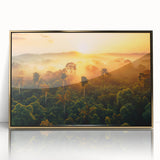 Framed acrylic wall art showcasing a vibrant rainforest landscape design with gold accents, perfect for adding a touch of nature-inspired elegance to any room.