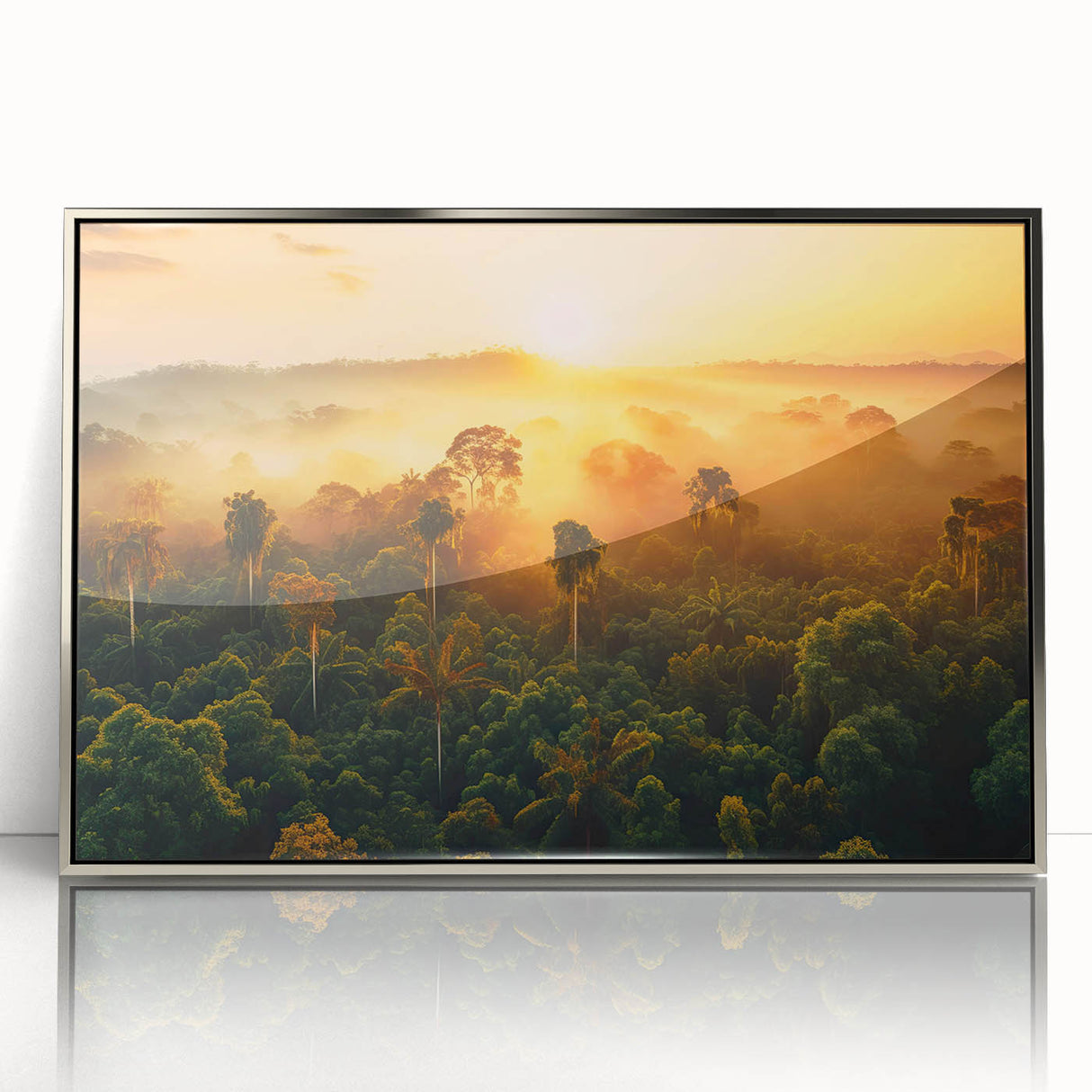 Framed acrylic wall art featuring a vibrant rainforest landscape design, showcasing lush greenery and vivid colors with a sleek silver frame, perfect for home decor.