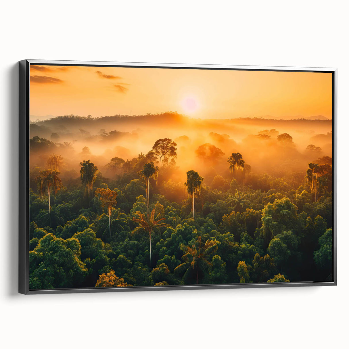 Framed canvas wall art of a vibrant rainforest landscape featuring lush greenery and rich colors, displayed in a sleek black frame, perfect for home decor.