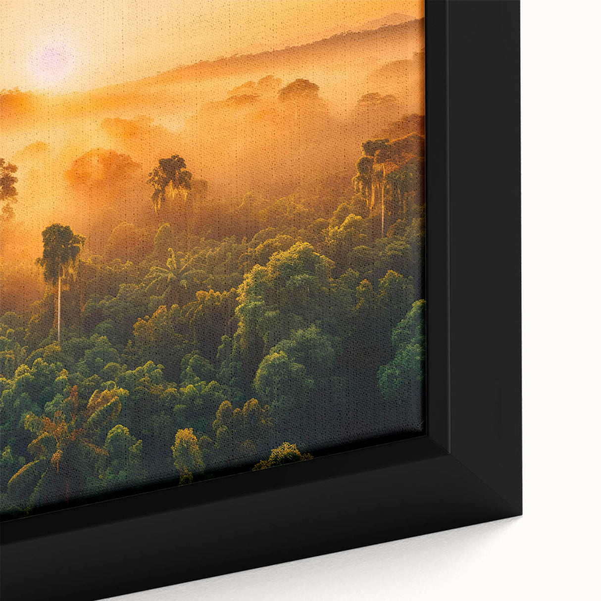 Close-up of a framed rainforest landscape wall art piece showcasing vibrant green foliage and intricate details, perfect for adding a tropical vibe to any room.
