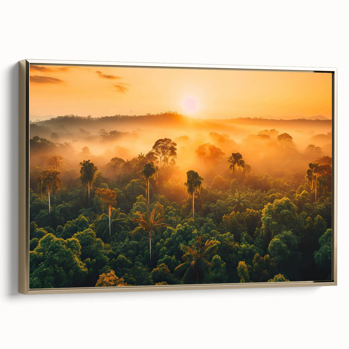 Framed canvas wall art showcasing a vibrant rainforest landscape design with lush greenery and gold accents, perfect for adding a touch of nature to home decor.