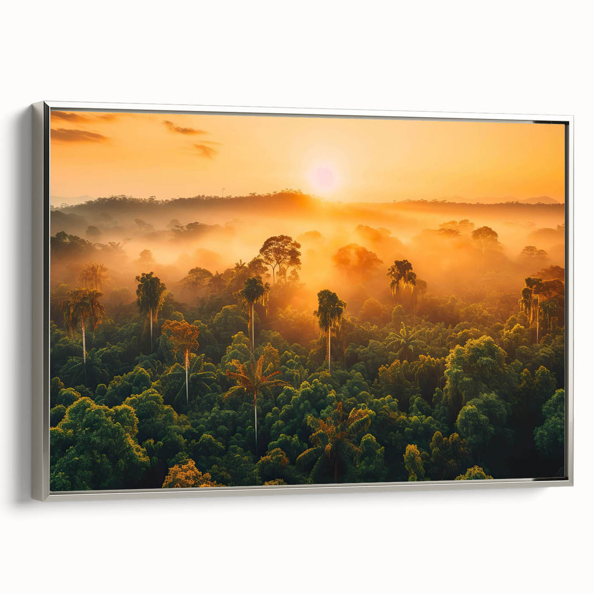 Framed canvas wall art showcasing a vibrant rainforest landscape design, featuring lush green foliage and colorful wildlife against a silver frame, ideal for home decor.