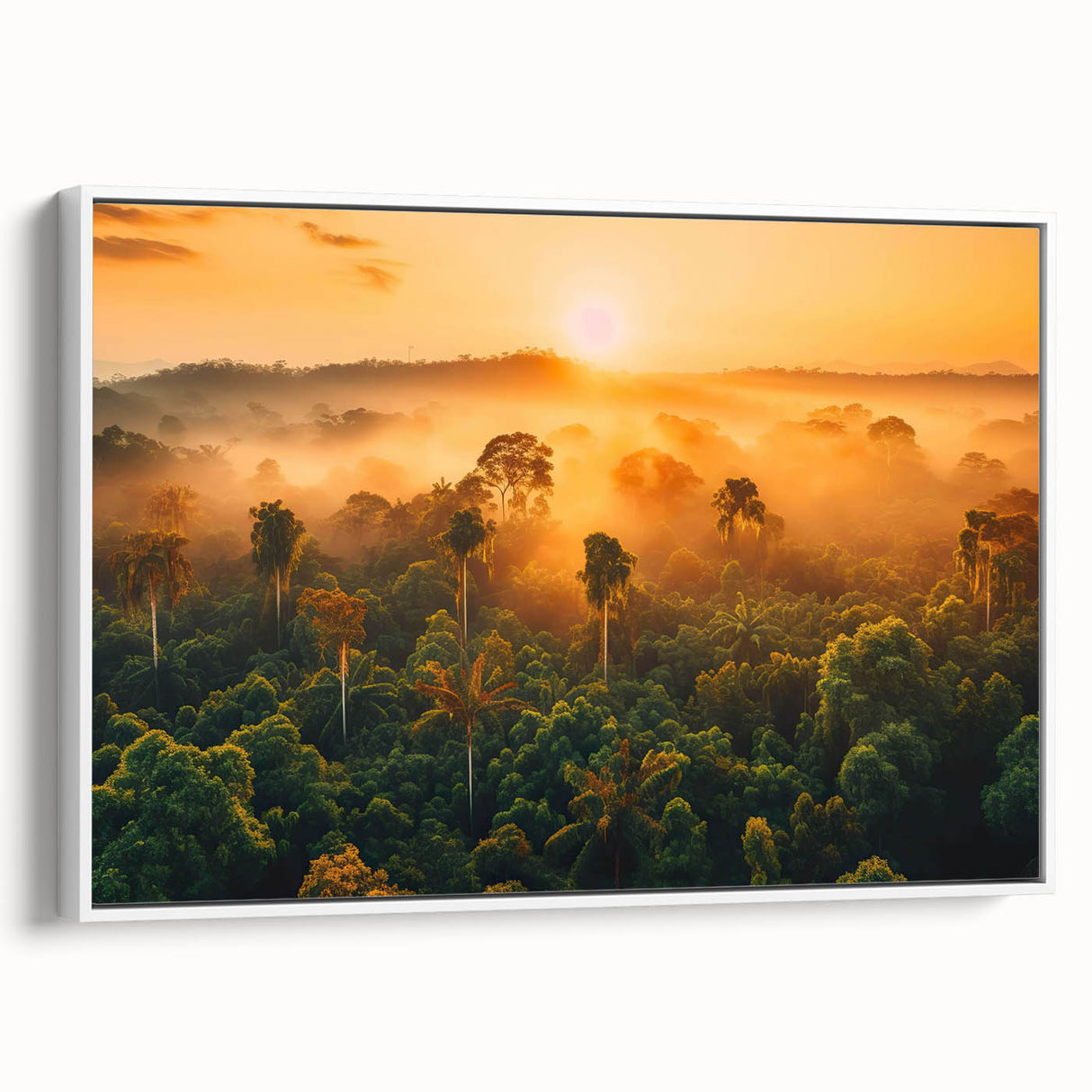 Framed canvas artwork showcasing a vibrant rainforest landscape design, featuring lush greenery and tropical colors, ideal for home decor and nature enthusiasts.
