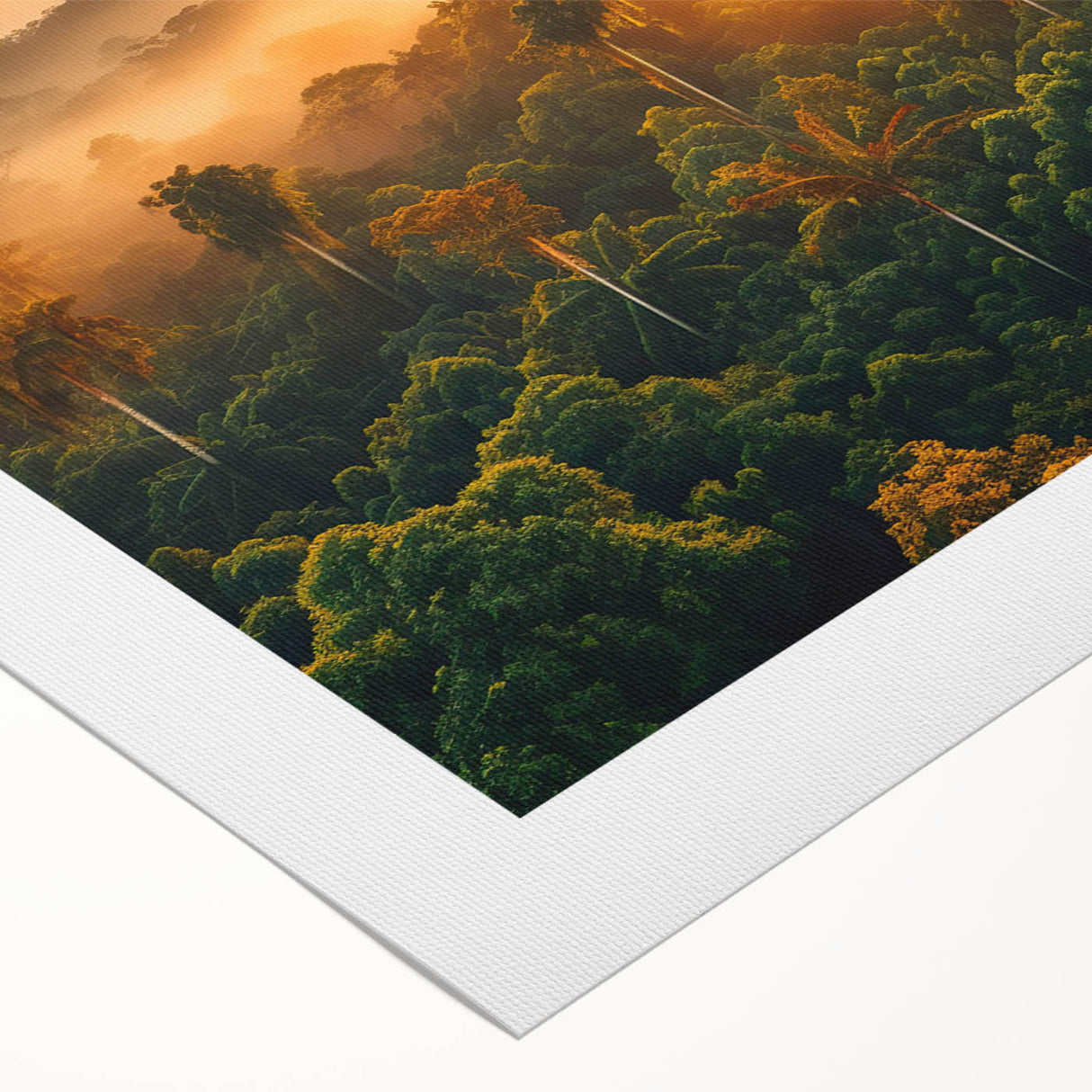 Vibrant rainforest landscape wall art design on rolled canvas, showcasing lush greenery and tropical flora, ideal for enhancing interior decor.