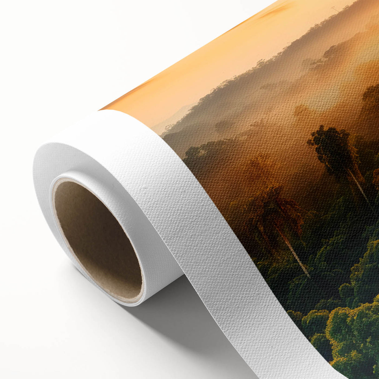 Vibrant rolled canvas showcasing a lush rainforest landscape design, perfect for home decor, emphasizing rich green hues and intricate details. Ideal for nature lovers.