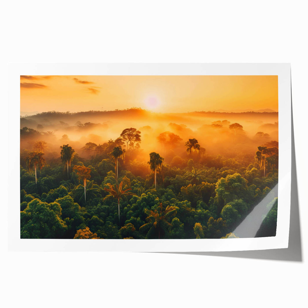 Vibrant rainforest landscape wall art print showcasing lush greenery and tropical flora, rolled for easy shipping and display in any decor setting.