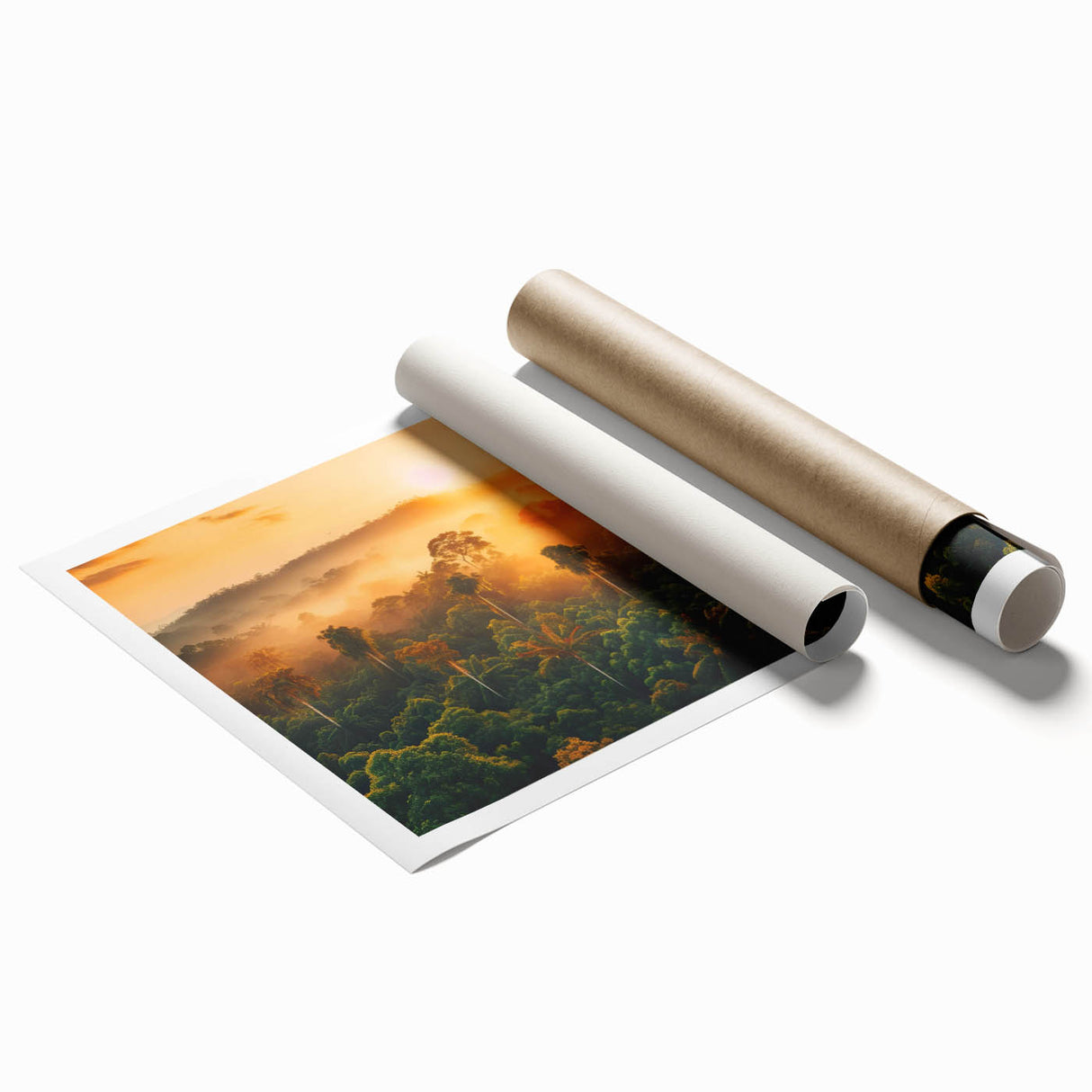 Vibrant rainforest landscape wall art print showcasing lush greenery and tropical flora, rolled for easy shipping and display, perfect for nature enthusiasts.