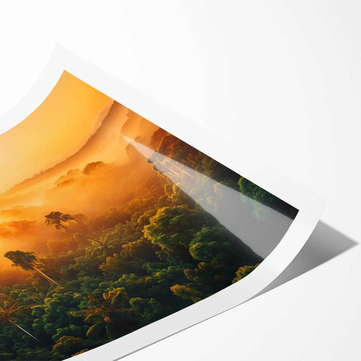 Vibrant rainforest landscape wall art print featuring lush green foliage and intricate details, rolled and ready for framing, perfect for nature-inspired decor.