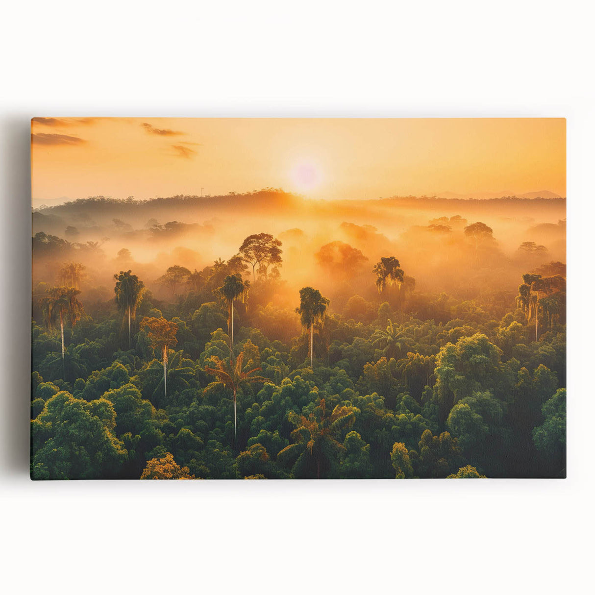 Stretched canvas wall art depicting a vibrant rainforest landscape with lush greenery and colorful flora, ideal for nature-themed decor in homes or offices.