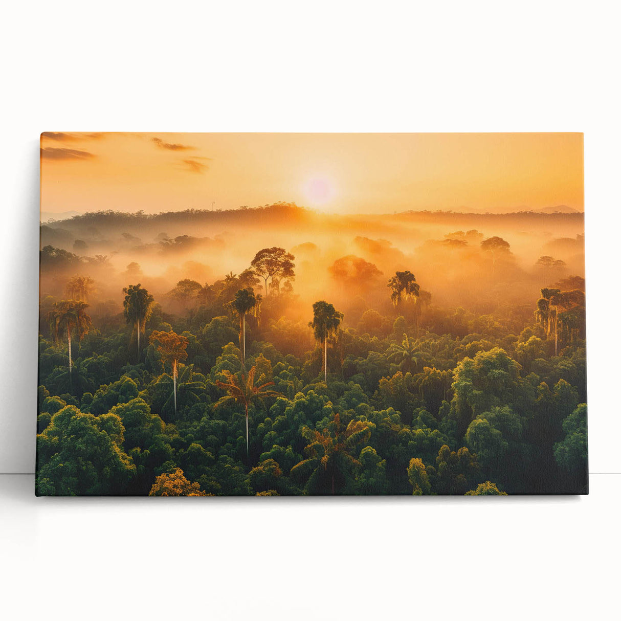 Vibrant rainforest landscape wall art on stretched canvas, showcasing lush greenery and vivid colors, perfect for enhancing home decor aesthetics.