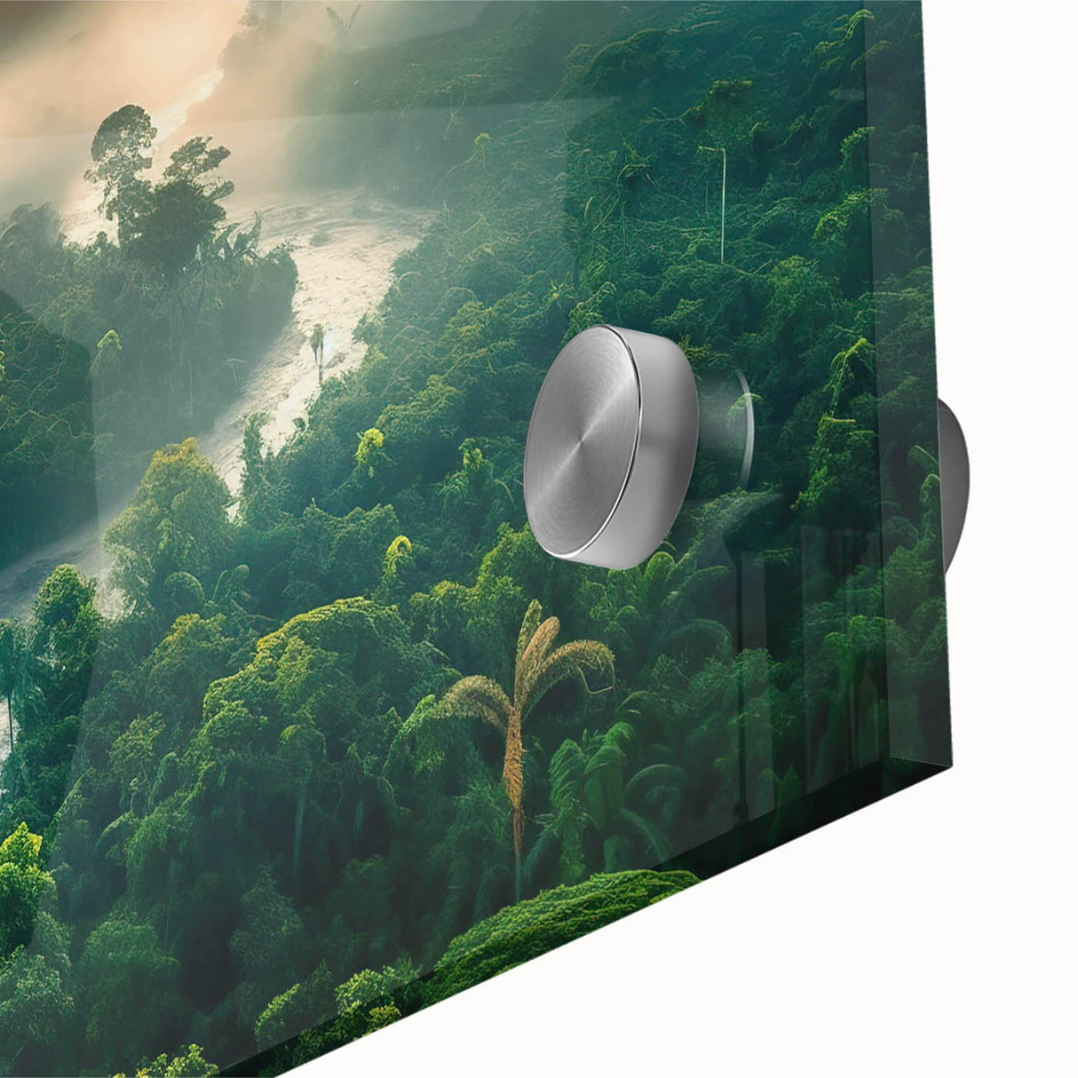 Vibrant acrylic glass artwork depicting a lush rainforest landscape, showcasing rich green foliage and intricate details, ideal for nature-themed decor.