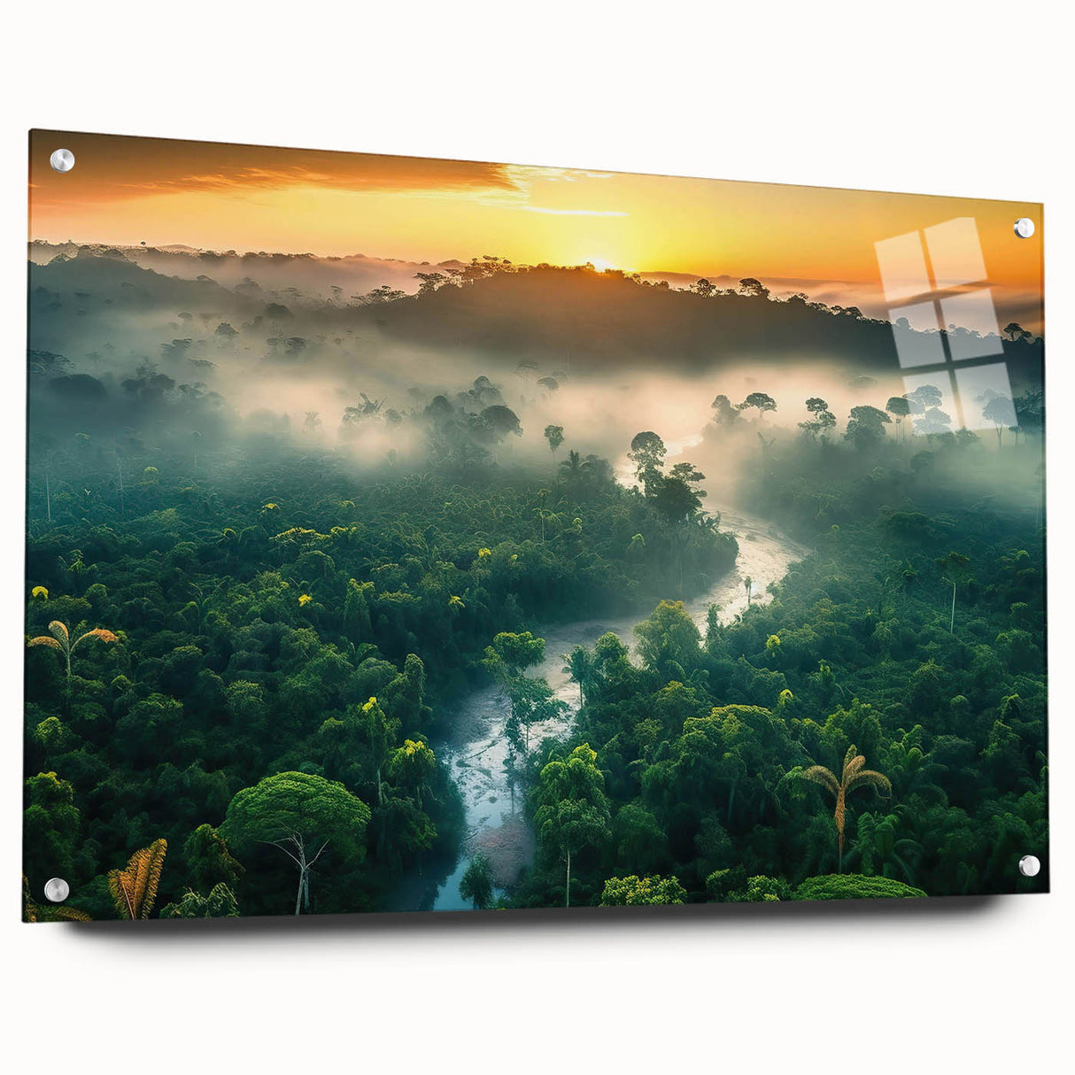 Acrylic glass wall art showcasing a vibrant rainforest landscape design, displayed from a side view with decorative pins for mounting. The vivid colors and intricate details capture the beauty of nature, ideal for enhancing home decor.