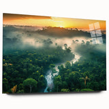 Acrylic glass wall art featuring a vibrant rainforest landscape design, showcasing lush greenery and a serene atmosphere, ideal for enhancing modern interiors.