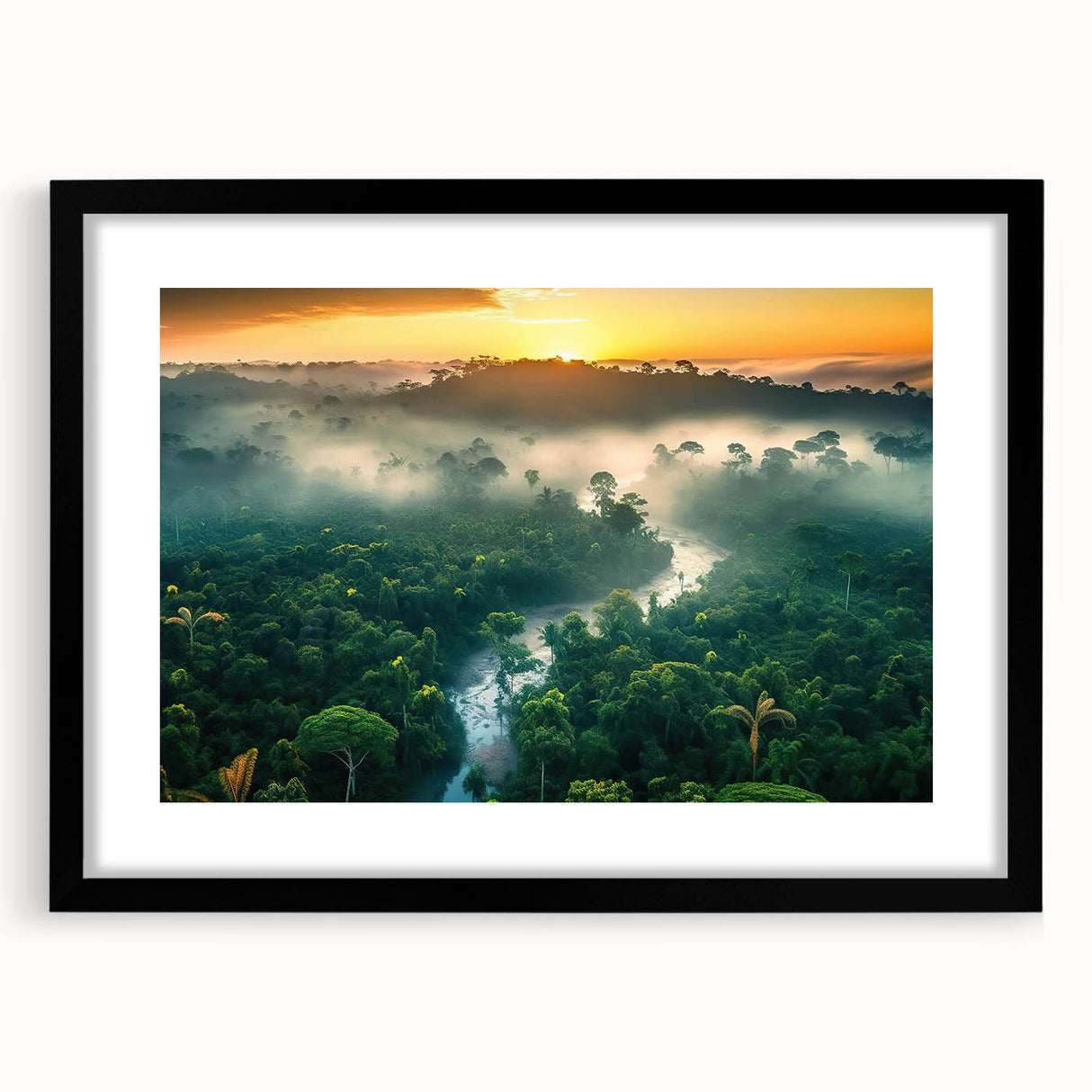 Framed rainforest landscape wall art featuring vibrant greens and earthy tones, set in a sleek black frame with a mat, ideal for nature-themed decor.