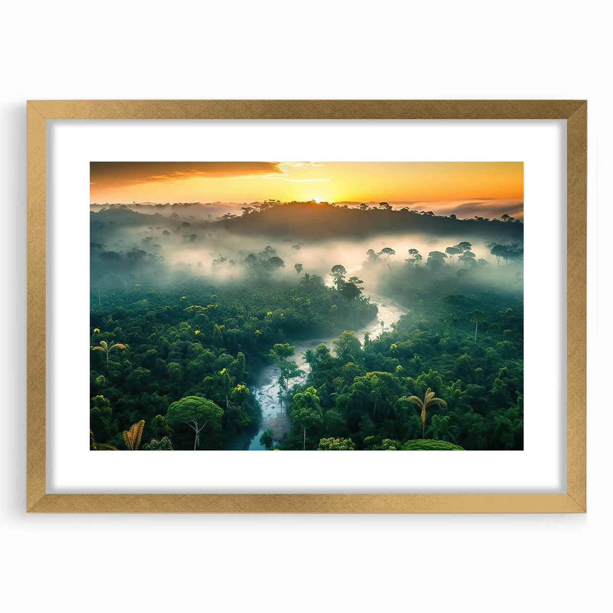 Framed rainforest landscape wall art featuring vibrant green foliage and golden matting, perfect for enhancing modern decor with a touch of nature.