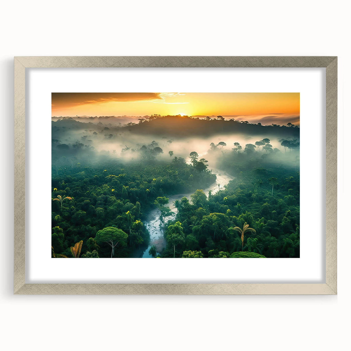 Framed rainforest landscape wall art collection in silver finish, showcasing vibrant green foliage and serene natural beauty, perfect for home decor enhancement.