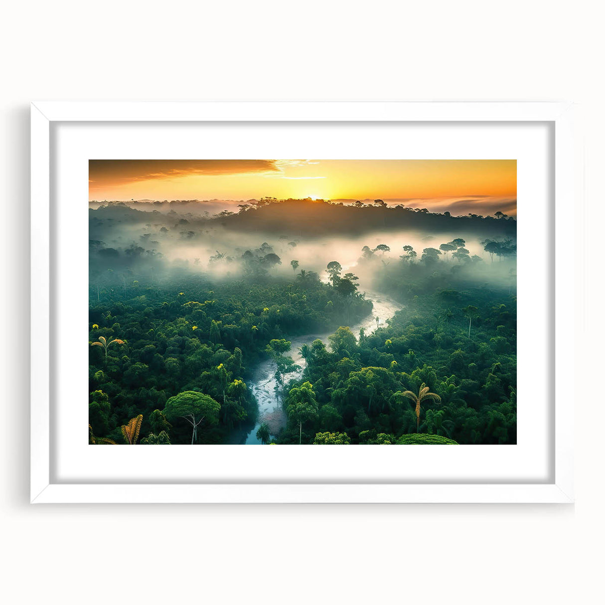 Framed wall art featuring a vibrant rainforest landscape design with lush greenery and tropical plants, set in a sleek white frame with a mat. Ideal for nature-inspired decor.