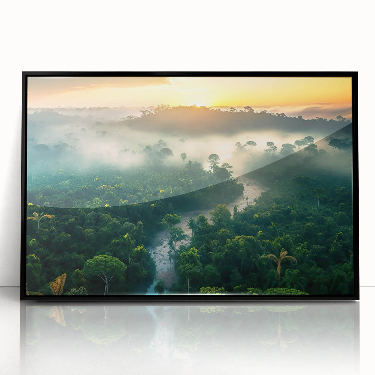 Framed acrylic wall art featuring a vibrant rainforest landscape design, showcasing lush greenery and vivid colors, ideal for nature-inspired decor.