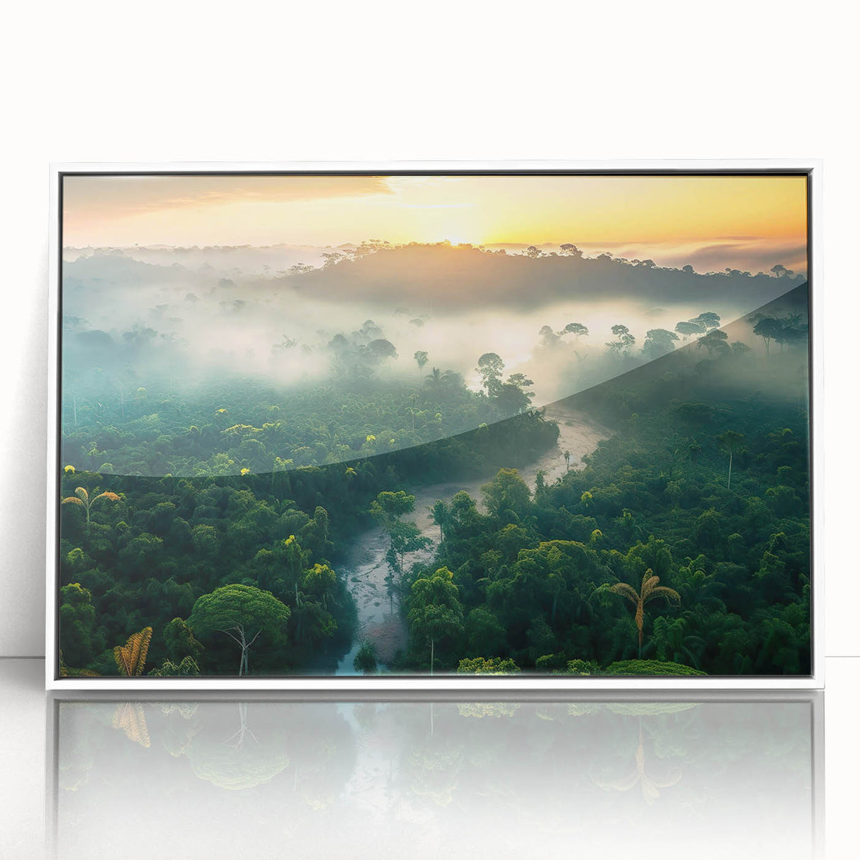Framed wall art showcasing a vibrant rainforest landscape design with lush greenery and colorful flora, set in a sleek white frame for modern decor.