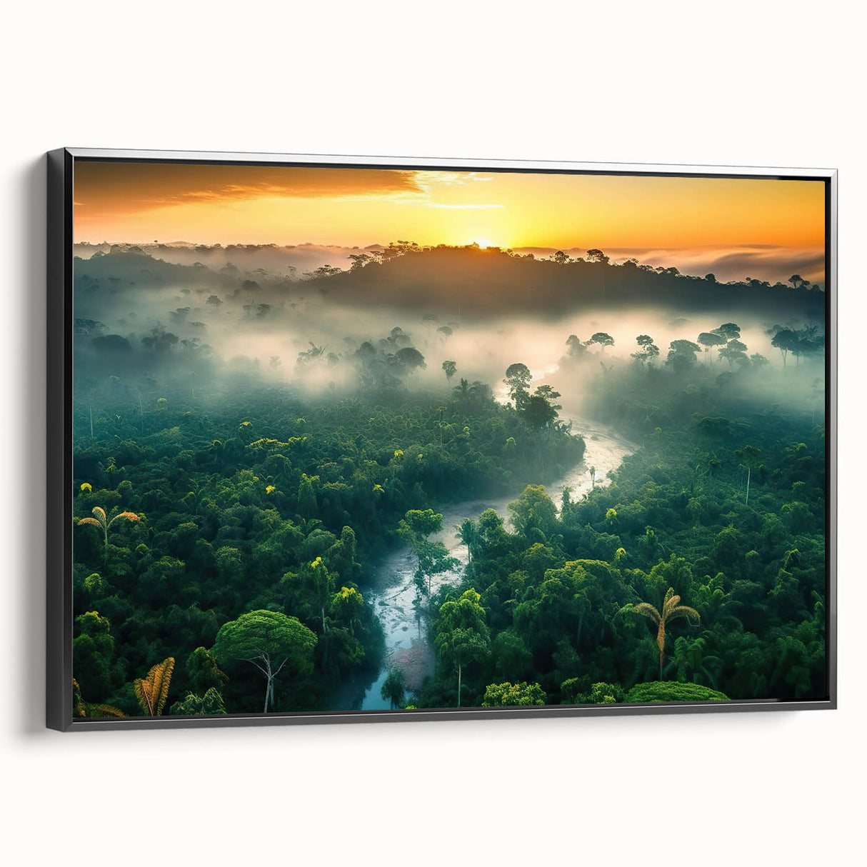 Framed canvas wall art showcasing a vibrant rainforest landscape design, featuring rich greens and blues, perfect for enhancing modern decor.