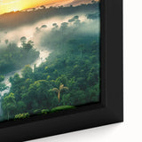Framed canvas artwork showcasing a vibrant rainforest landscape design with lush greenery and intricate details, perfect for home decor enthusiasts.