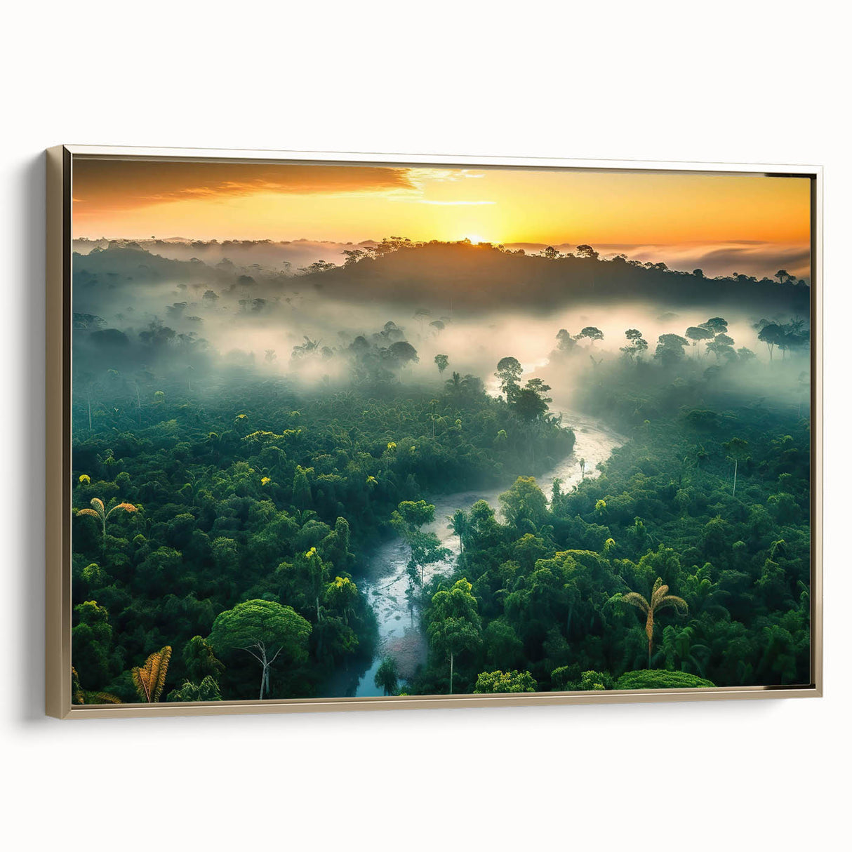 Framed canvas wall art showcasing a vibrant rainforest landscape design with lush greenery and exotic foliage, elegantly bordered in gold, ideal for home decor.
