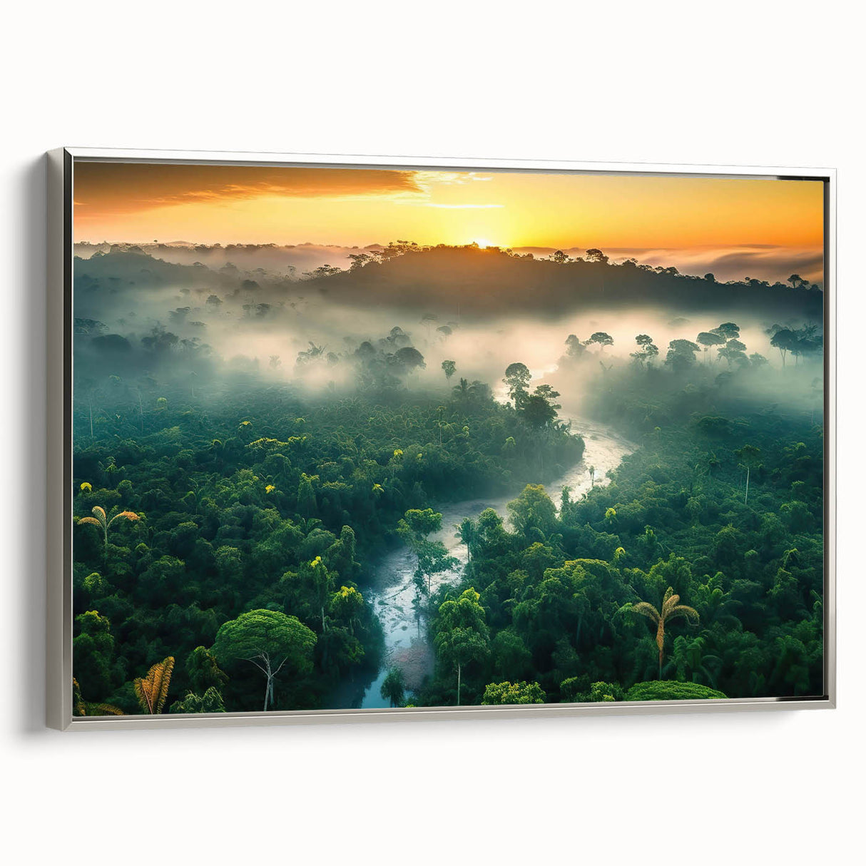 Framed canvas wall art of a vibrant rainforest landscape featuring lush green foliage and tranquil water, presented in a sleek silver frame, ideal for enhancing home decor.