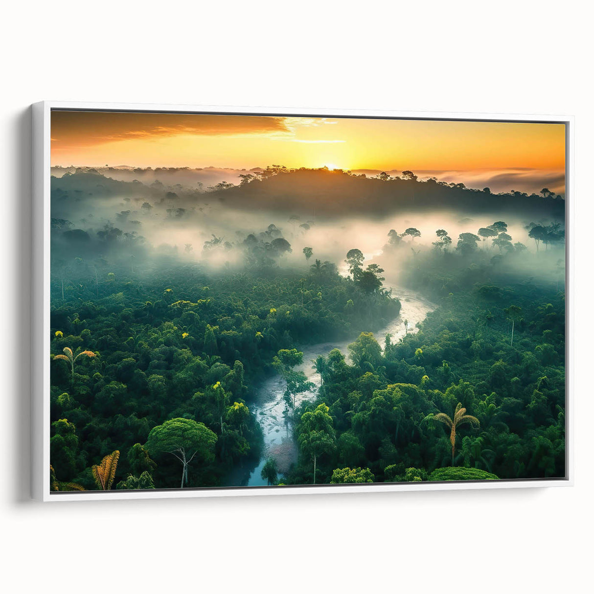Framed canvas wall art featuring a vibrant rainforest landscape design, showcasing lush greenery and tropical flora, ideal for home decor in nature-inspired settings.