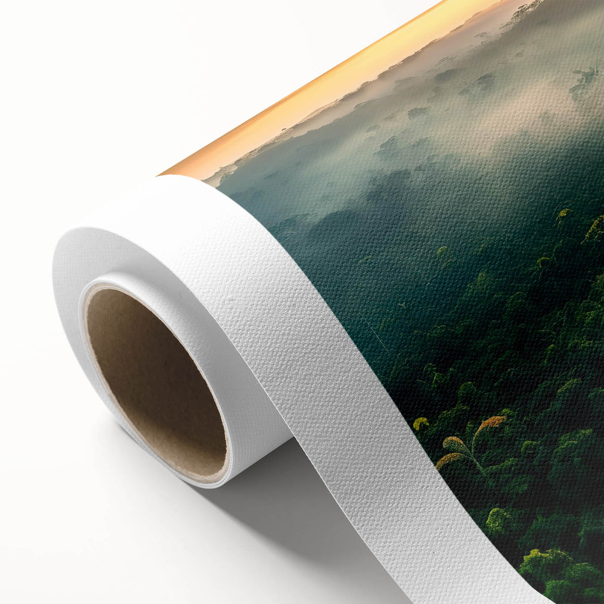 Vibrant rolled canvas depicting a lush rainforest landscape with rich greens and blues, ideal for nature-inspired home decor. Comes securely packaged in a cardboard tube.