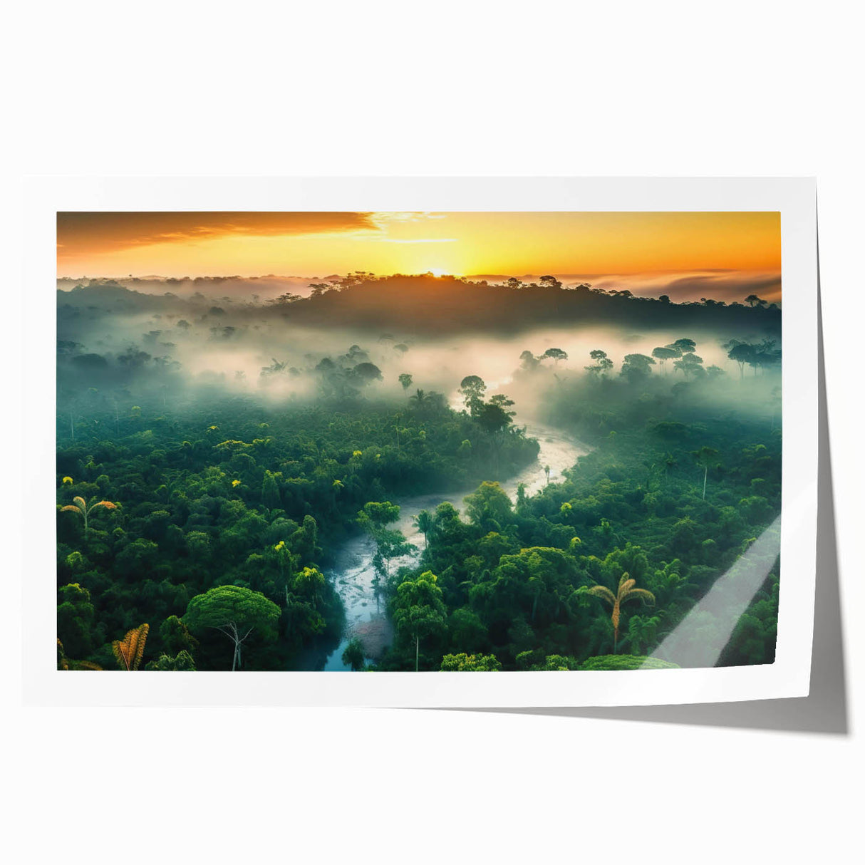 Lush rainforest landscape wall art print showcasing vibrant greens and blues, rolled for easy storage and display, perfect for nature-themed decor.