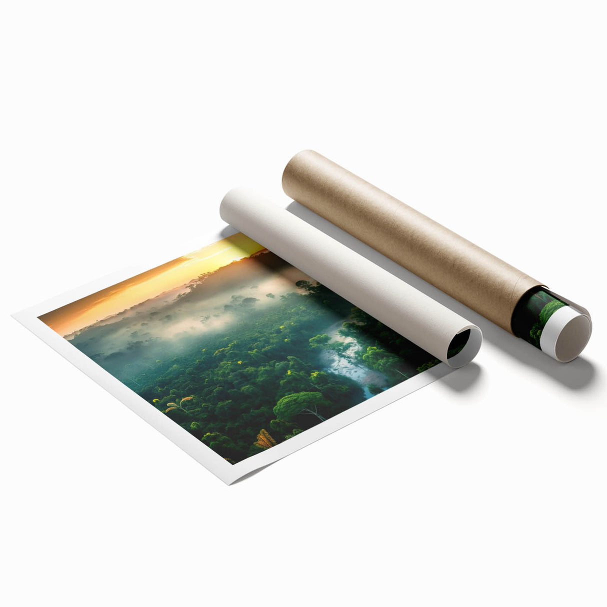 Vibrant rolled print featuring a lush rainforest landscape design, showcasing rich greens and earthy tones, ideal for enhancing any living space decor.