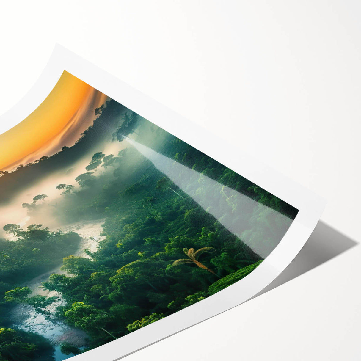 Vibrant rainforest landscape wall art print showcasing lush greenery, intricate details, and rich colors, rolled and ready for display in a stylish home decor setting. Perfect for nature lovers and interior design enthusiasts seeking to enhance their space with tropical flair.