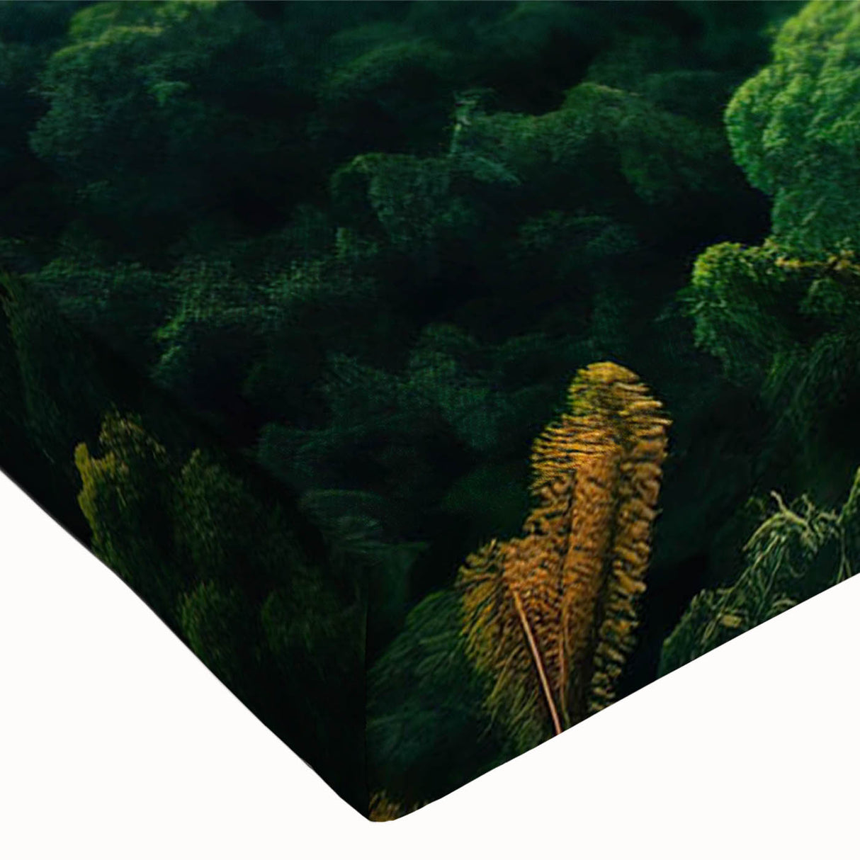 Close-up of a vibrant rainforest wall art design on stretched canvas, showcasing lush green foliage and intricate details, perfect for nature-themed decor.