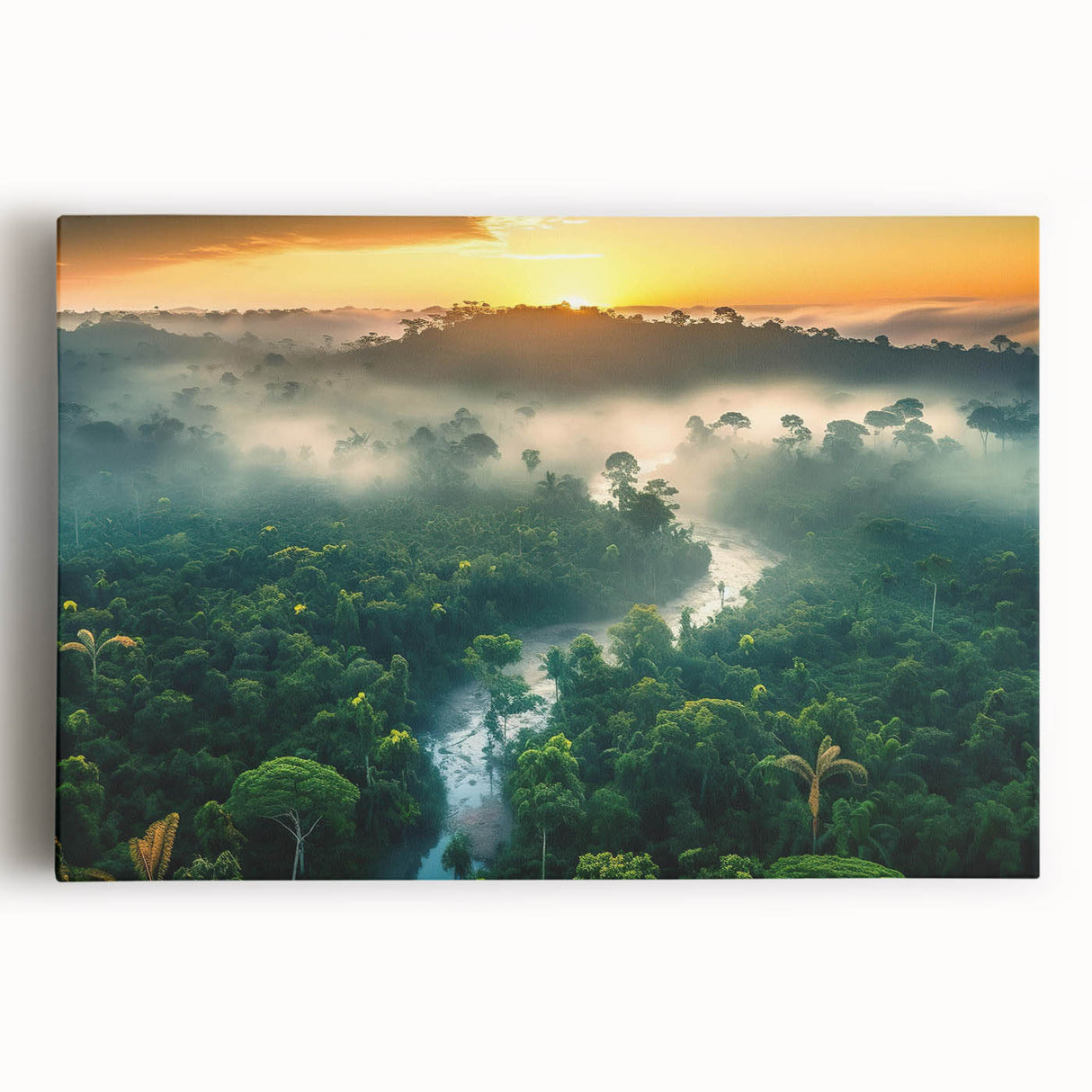 Vibrant rainforest landscape wall art on stretched canvas, showcasing lush greenery and rich colors, ideal for enhancing living spaces with nature-inspired decor.