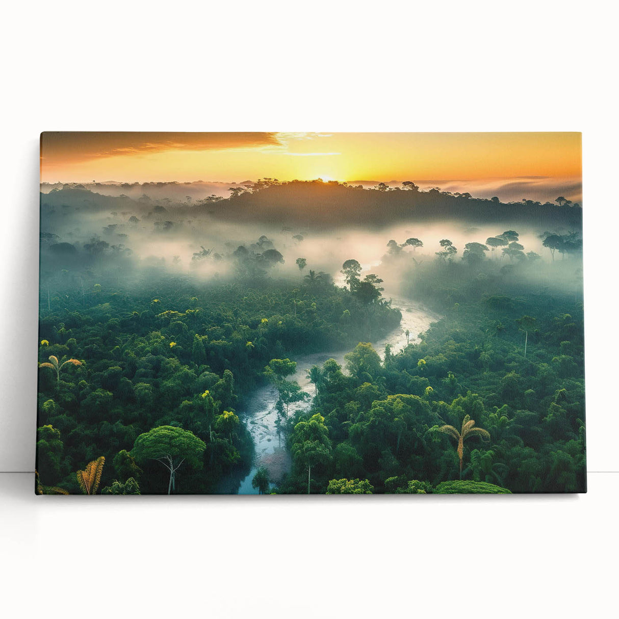 Vibrant rainforest landscape wall art on stretched canvas, featuring lush green foliage and detailed tropical plants, perfect for home decor or nature-inspired spaces.
