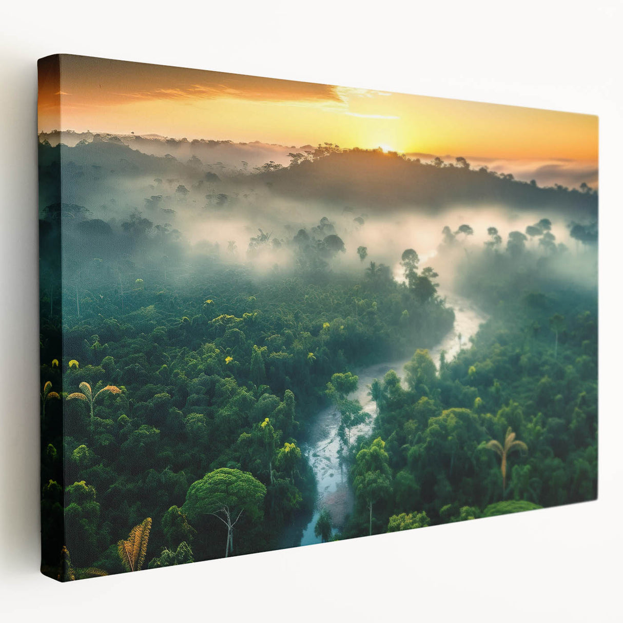 Stretched canvas showcasing a vibrant rainforest landscape design, featuring lush green foliage and a rich color palette, perfect for enhancing home decor.