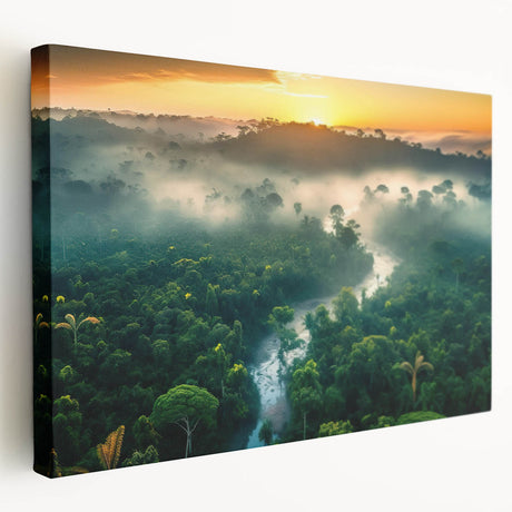 Stretched canvas showcasing a vibrant rainforest landscape design, featuring lush green foliage and a rich color palette, perfect for enhancing home decor.