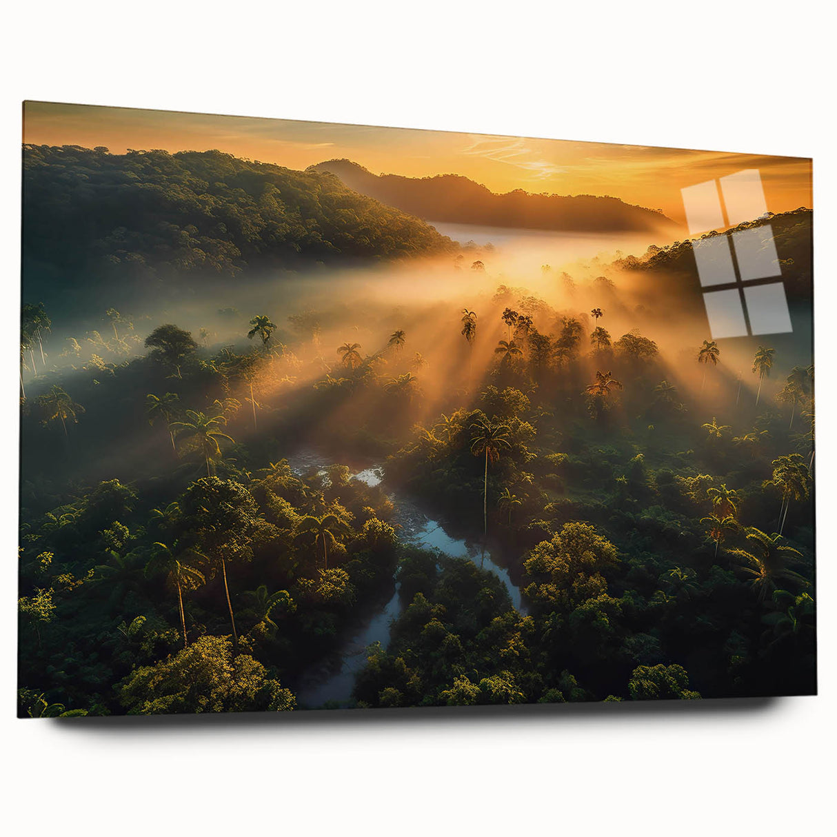 Acrylic glass wall art display showcasing a vibrant rainforest landscape design in a side view, featuring lush greenery and colorful flora, perfect for nature-themed decor.