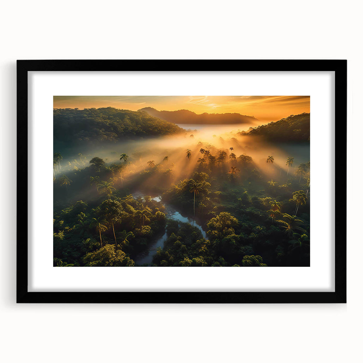 Framed wall art depicting a vibrant rainforest landscape with lush greenery, featuring a sleek black frame and white matting for a modern aesthetic. Perfect for adding a touch of nature to home decor.