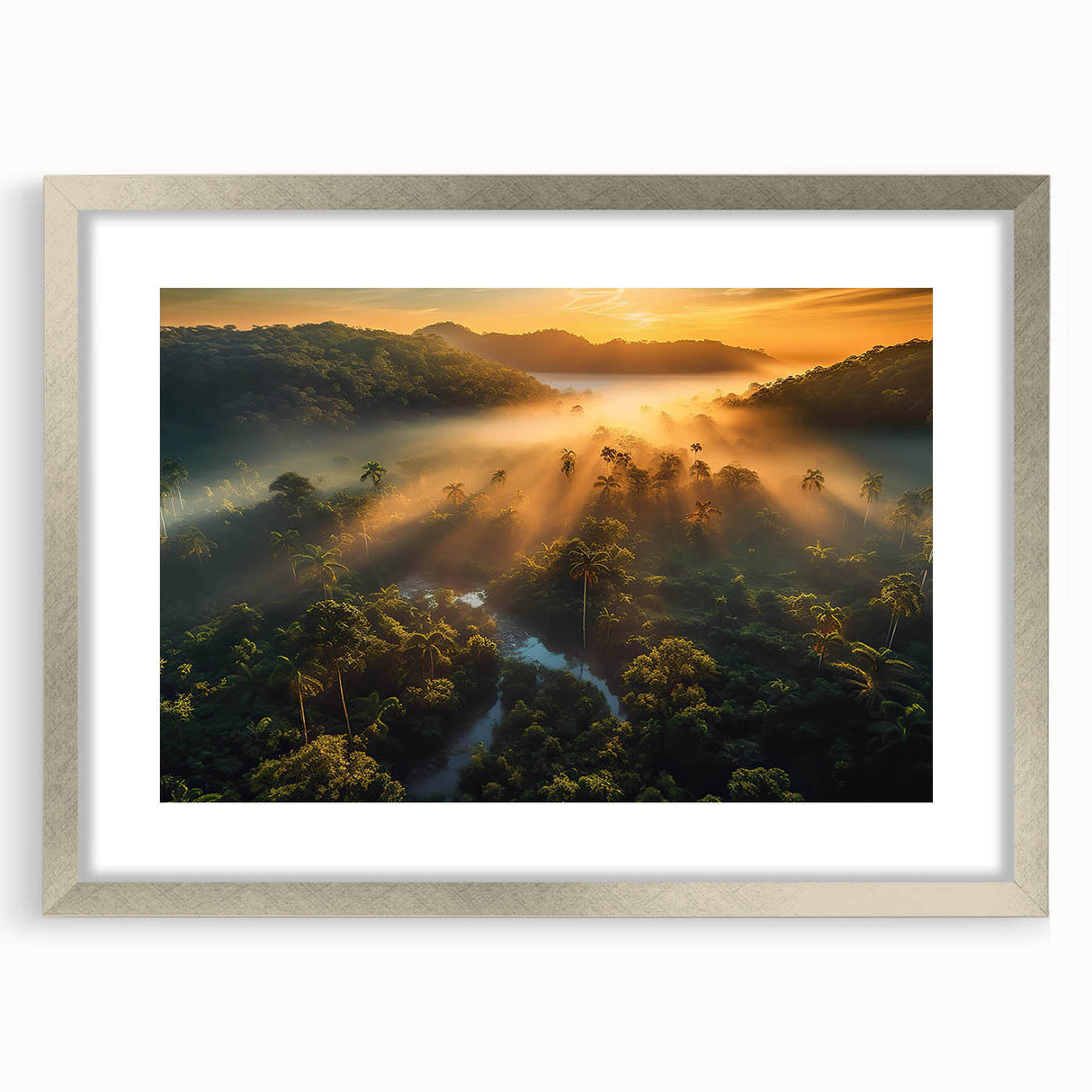 Framed rainforest landscape wall art with a silver mat, showcasing vibrant green foliage and intricate details, perfect for enhancing home decor and bringing nature indoors.