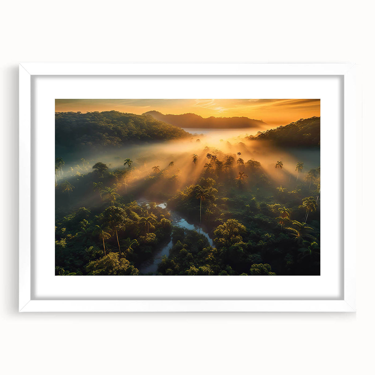 Framed rainforest landscape wall art featuring vibrant greens and earthy tones, set in a white mat for a modern aesthetic, ideal for nature-inspired decor.