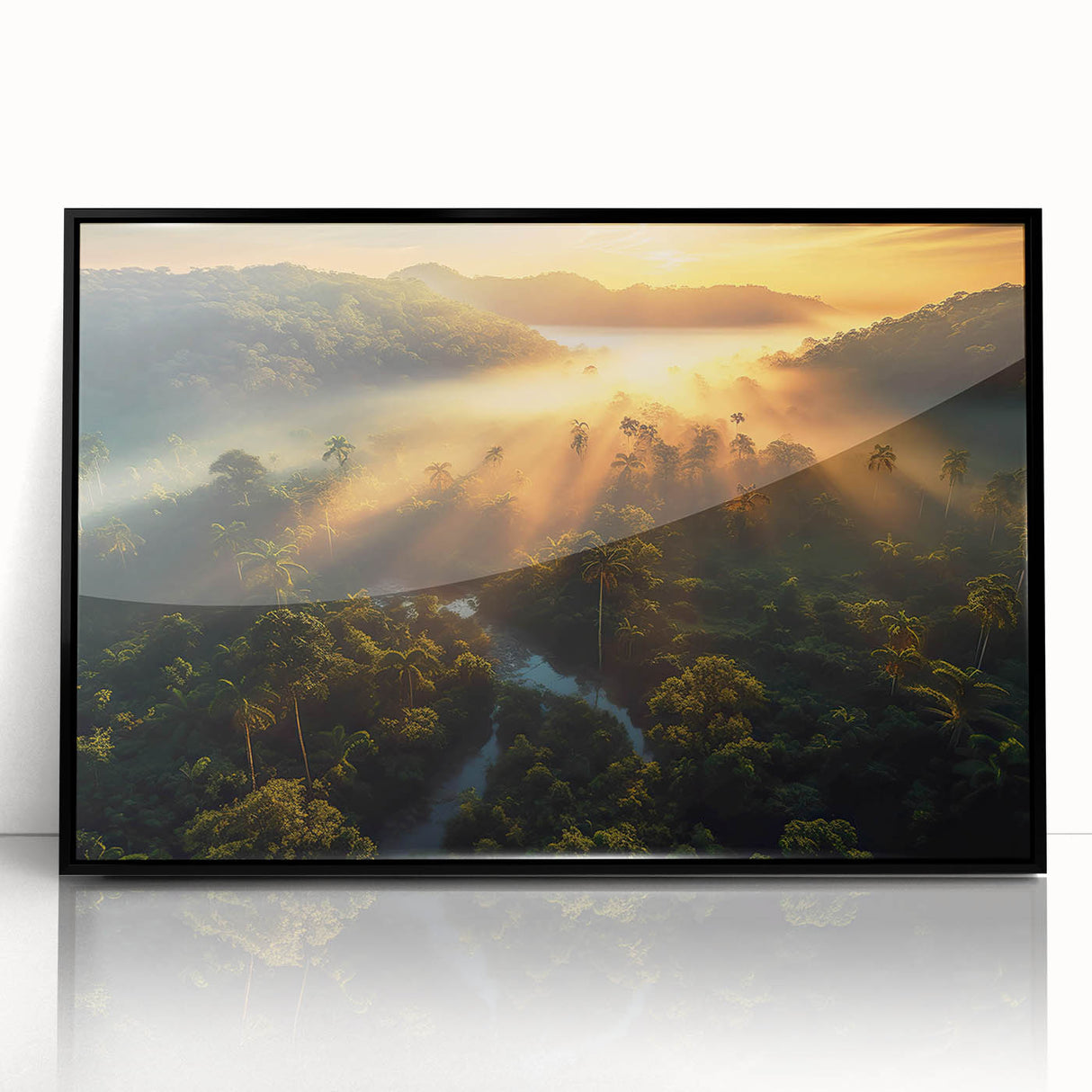 Framed acrylic wall art featuring a vibrant rainforest landscape design, showcasing lush greenery and intricate details, presented in a sleek black frame.