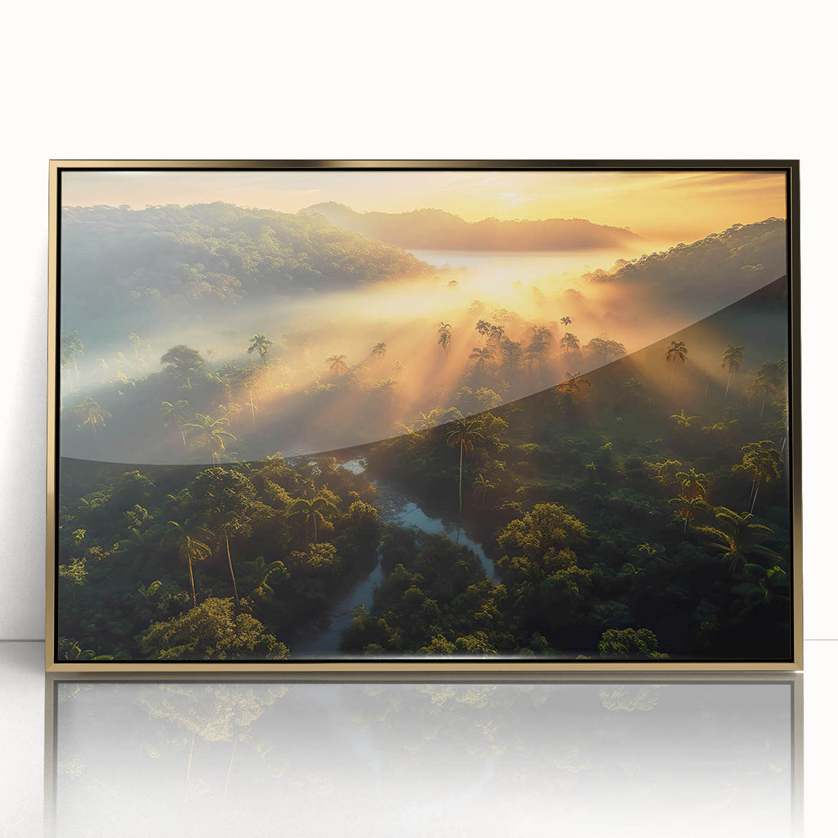 Framed acrylic wall art showcasing a vibrant rainforest landscape with rich green foliage and golden accents, ideal for adding an exotic touch to home decor.