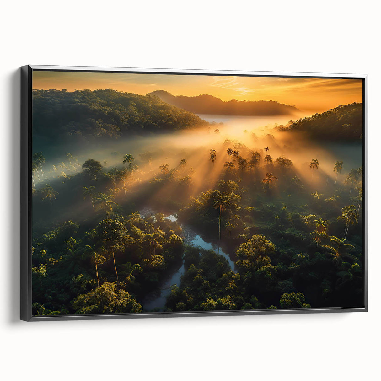 Framed canvas wall art depicting a vibrant rainforest landscape design with lush greenery and colorful flora, featuring a sleek black frame, ideal for home decor.