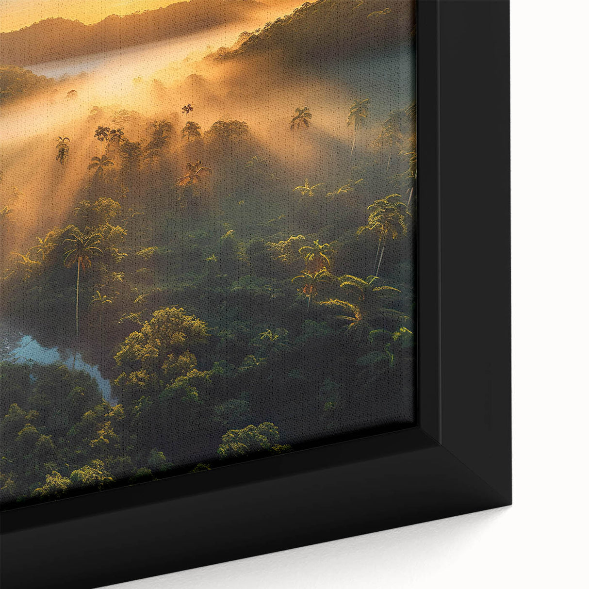 Framed canvas artwork showcasing a vibrant rainforest landscape design, featuring lush green foliage and intricate details, perfect for nature-themed decor.